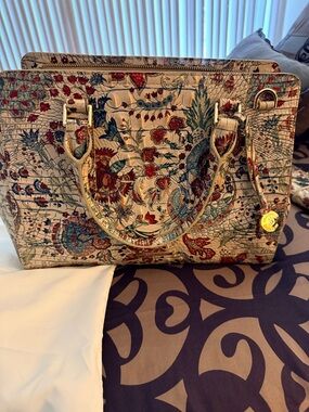 Brahmin Floral Embossed Cream Handbag with Red & Teal Accents